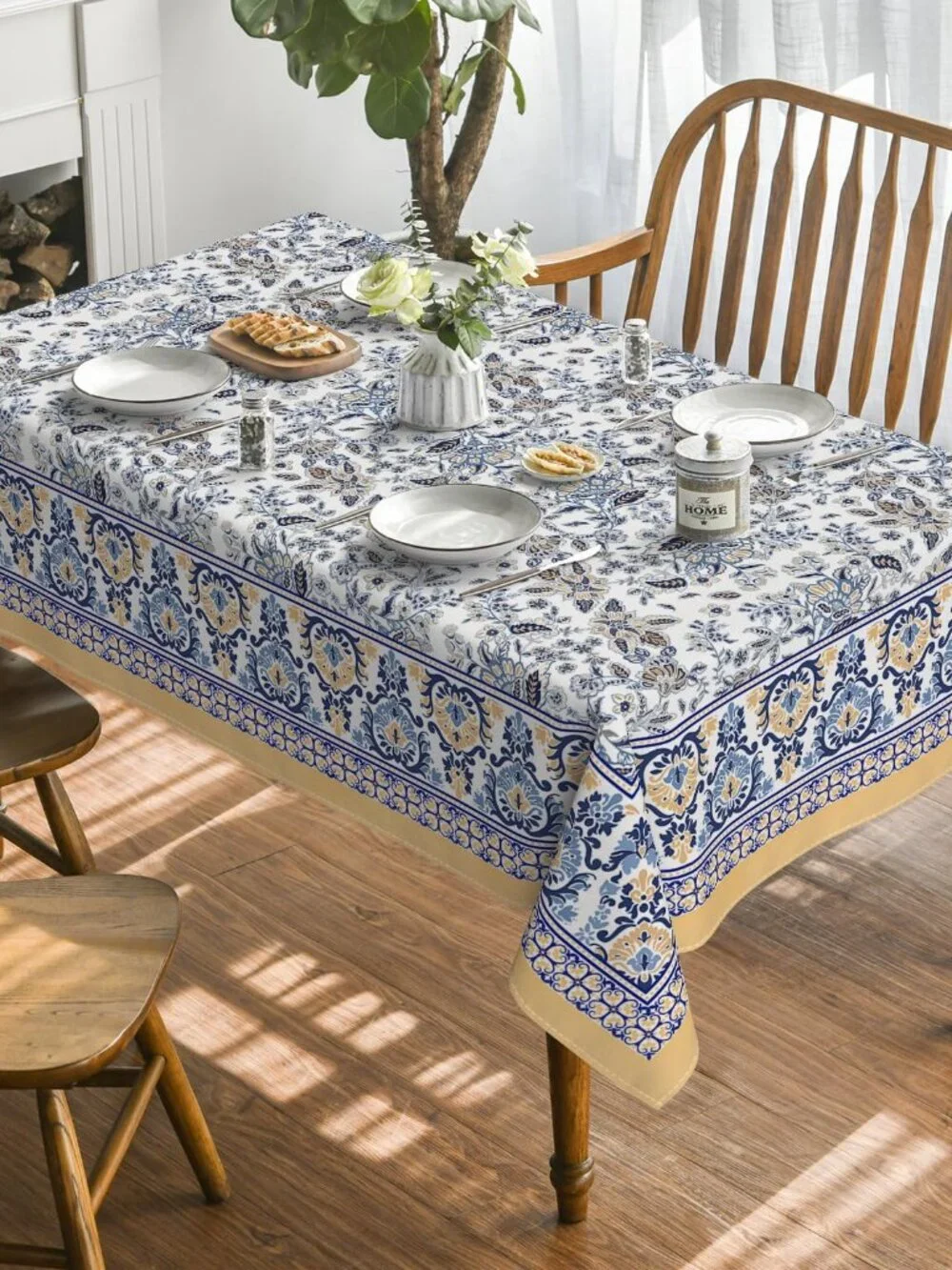 Horaldaily Arabesque Rectangular Tablecloth 60x84 Inch, Yellow and Blue Floral